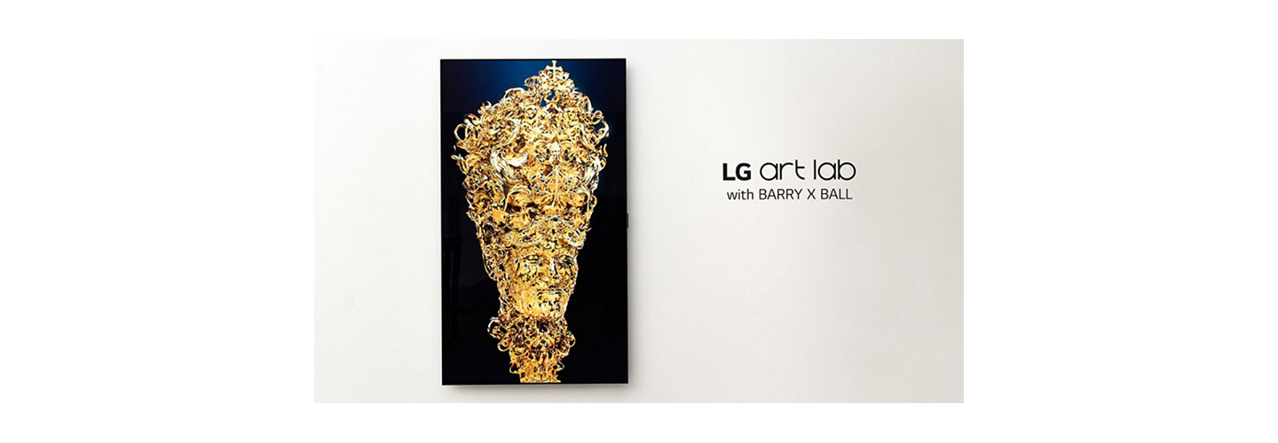 A wall-mounted LG OLED TV has been rotated 90 degrees to display an NFT sculpture created by LG Art Lab with Barry X Ball