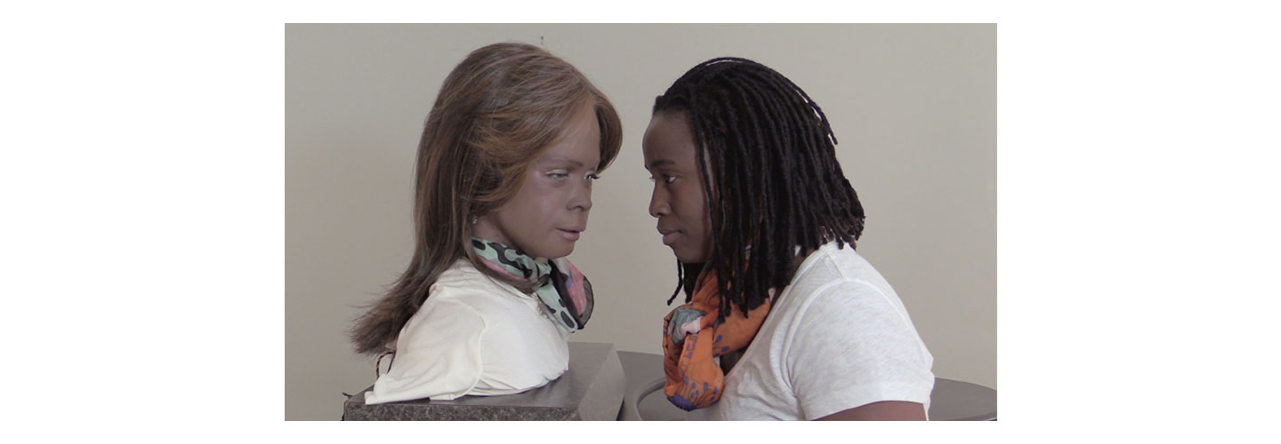 Transmedia artist Stephanie Dinkins has a conversation with Bina48, an artificially intelligent humanoid robot, as part of her project, ‘Conversations with Bina48