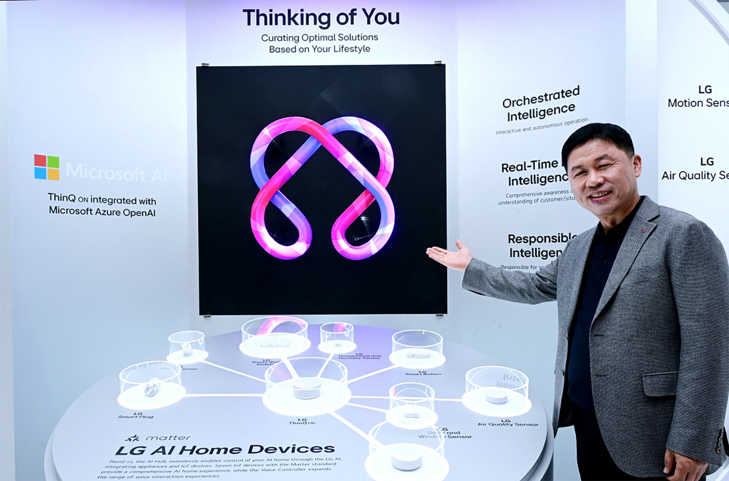 A picture of Lyu Je-cheol showing the illustration of LG AI Home Devices