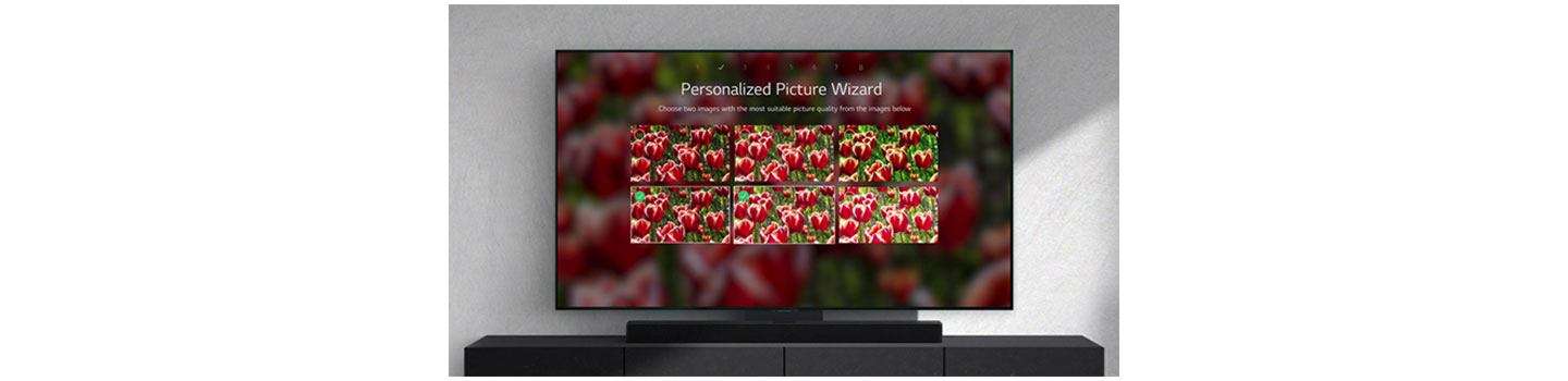 LG TV displaying a bunch of tulips with a phrase 'Personalized Picture Wizard'