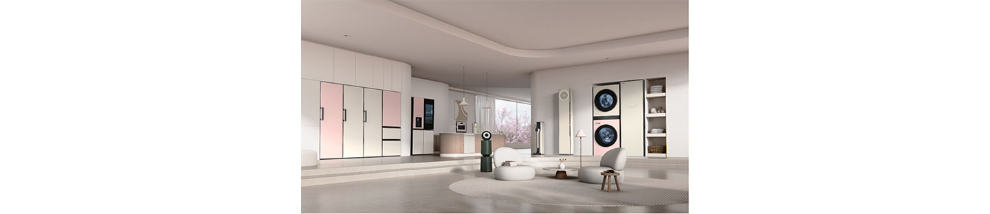 A living room and kitchen equipped with various LG appliances such as refrigerator, air conditioner, washer and dryer