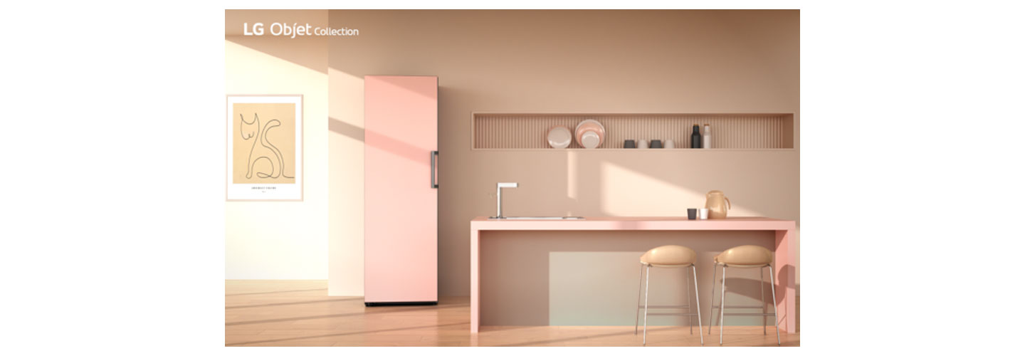 LG Objet Collection convertible fridge and freezer become point item with pink color in simple kitchen.