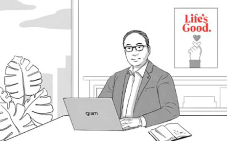 An illustration of a man sitting on a desk with an LG Gram and the logo behind him