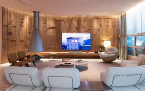 A living room-like setting with LG OLED M3