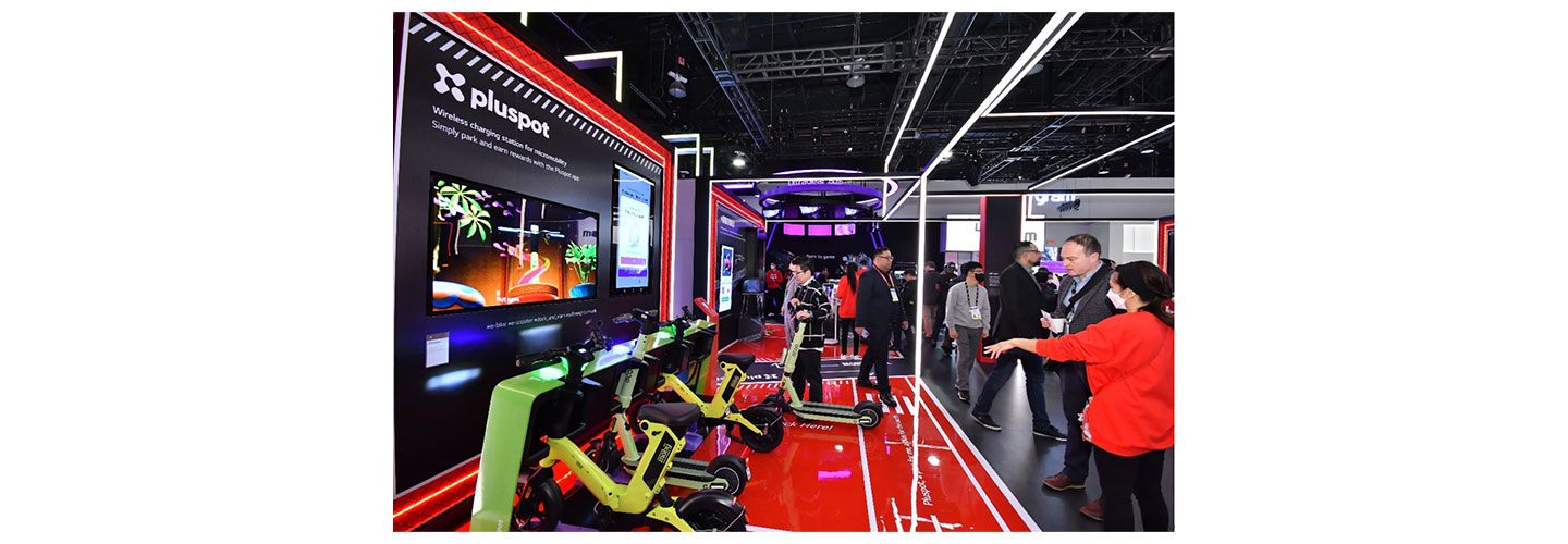 A corner of LG's booth showcasing pluspot's products during CES 2023