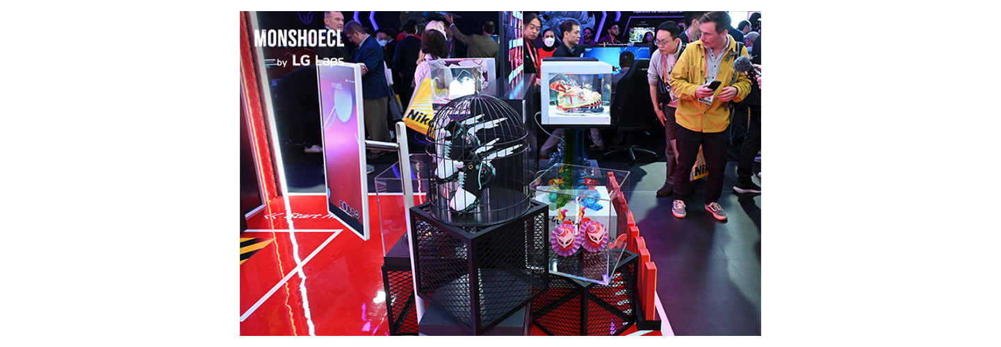 A corner of LG's booth decorated with Monshoecl products during CES 2023