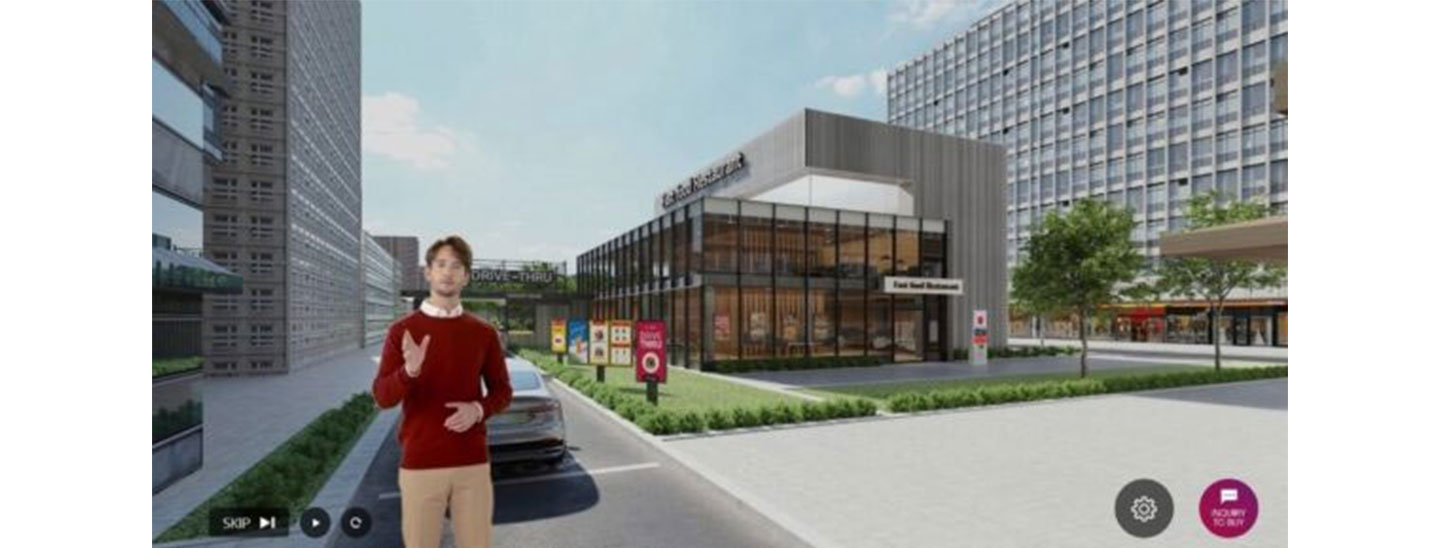During the virtual tour, a presenter explains the uses of LG B2B display products in a drive-through scenario