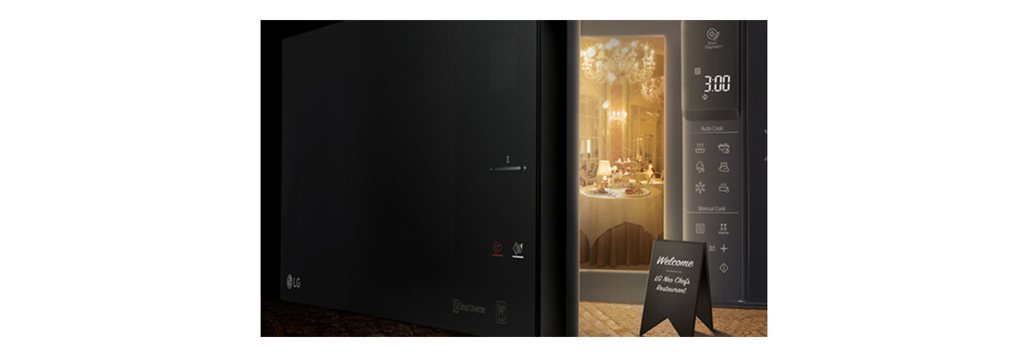 A creative image of the LG NeoChef microwave oven with its door opening to reveal a fancy restaurant inside 