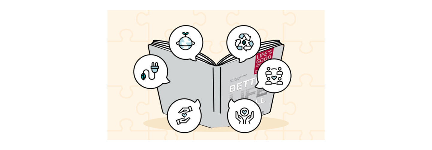Illustration of a book with the title, 'Better Life for All' including six different icons that represent sustainability