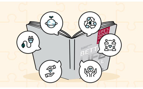 Illustration of a book with the title, 'Better Life for All' including six different icons that represent sustainability