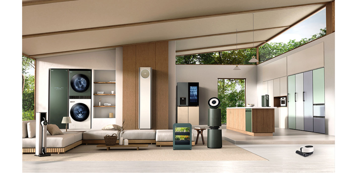 A living room decorated with various LG appliances including LG Styler, WashTower, Air Conditioner, tiiun and PuriCare