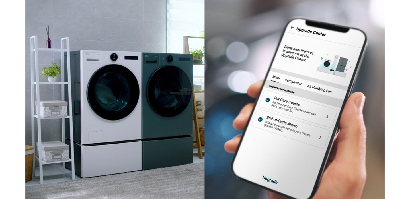 A human hand using a smartphone app to upgrade the LG Washer and Dryer