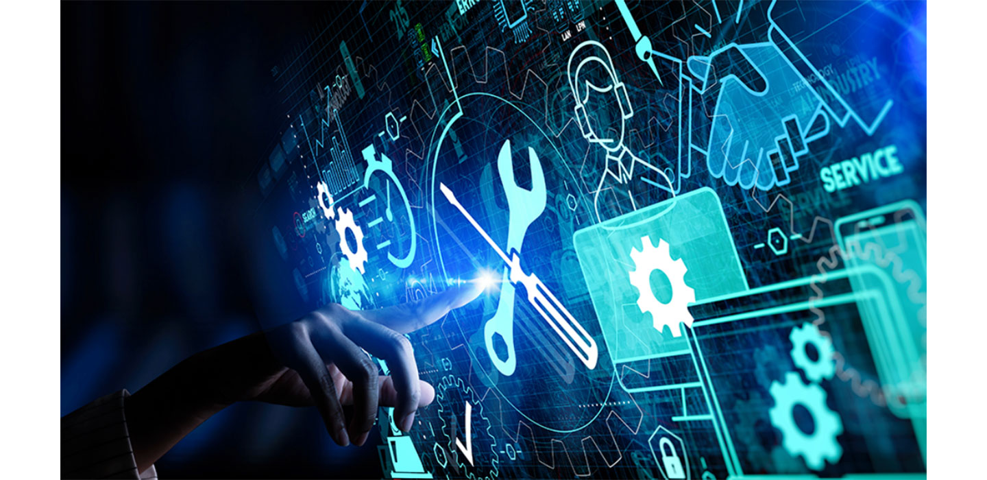 An illustration of a human hand touching a digital screen displaying various icons of tools, clocks and more