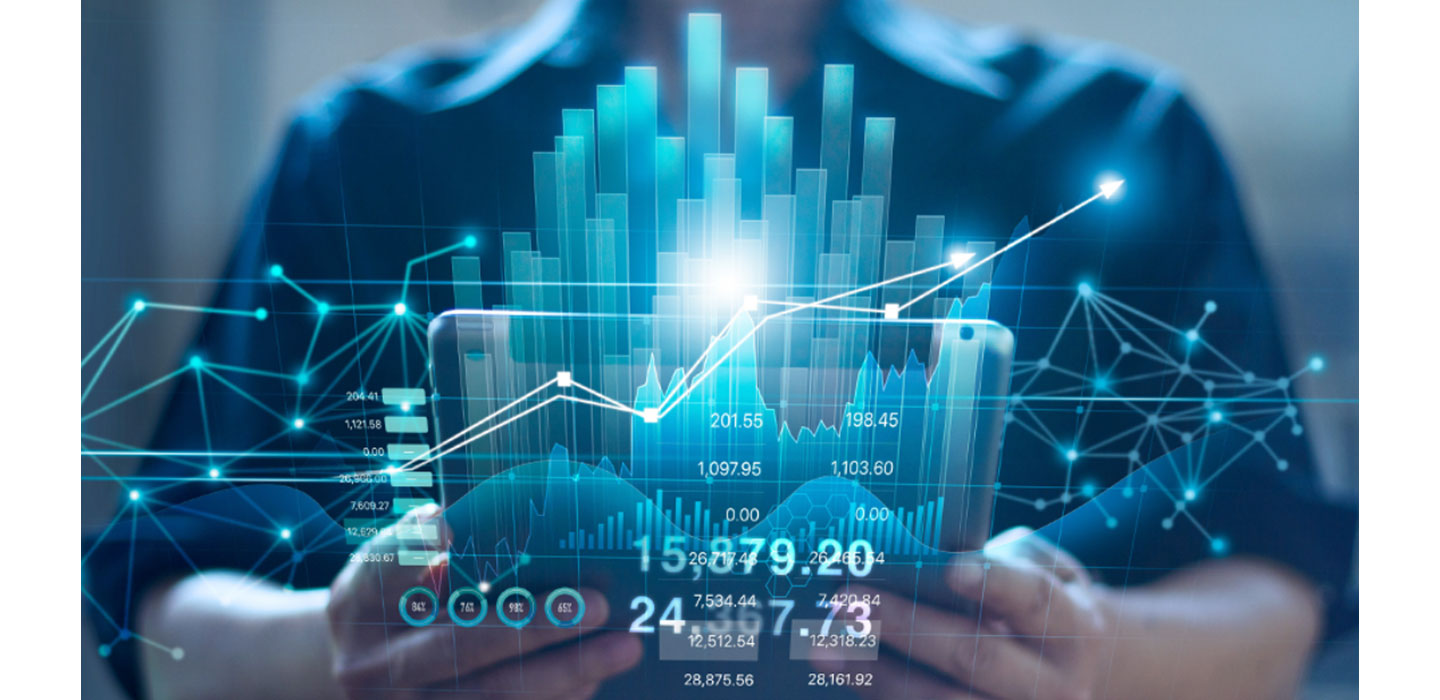 An illustration of a human holding a smartphone where various graphs and charts are popping out