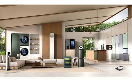 A living room decorated with various LG appliances including LG Styler, WashTower, Air Conditioner, tiiun and PuriCare