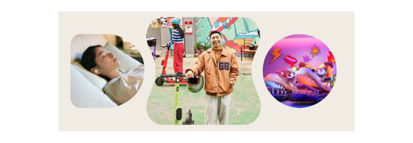 Three images including a woman using brid.zzz while sleeping, a man standing with a pluspot's scooter and Monshoecl products