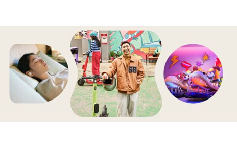 Three images including a woman using brid.zzz while sleeping, a man standing with a pluspot's scooter and Monshoecl products