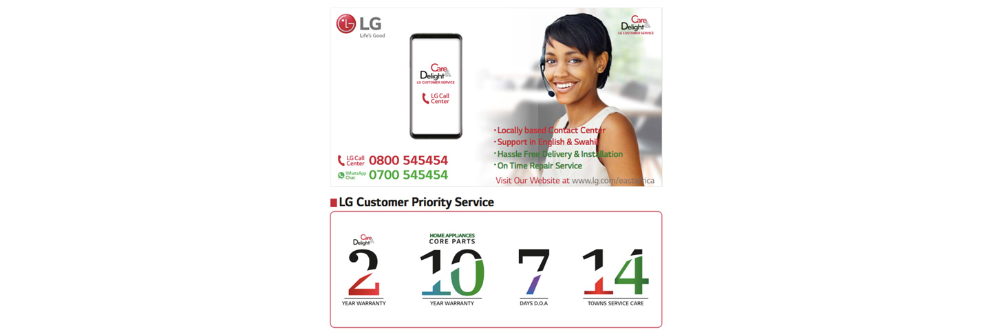 A promotional image for LG Customer Service, “Care delight ”，with a photo of women on call smiling.