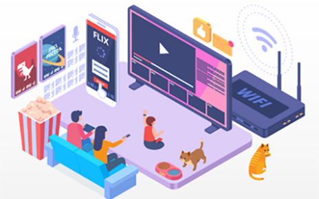 An illustration of three people enjoying a smart lifestyle with a smart TV and other Wi-Fi-enabled devices.