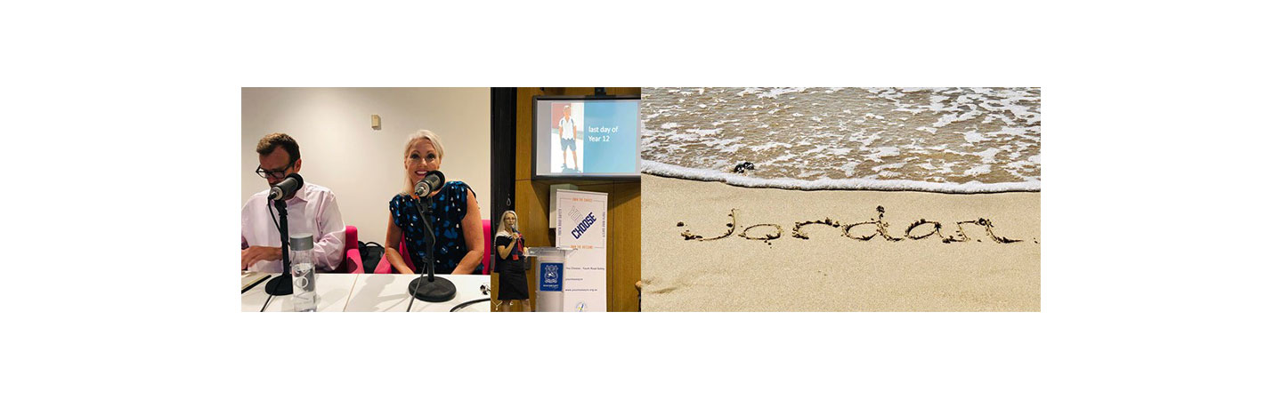Peter and Melissa McGuinness talking about their YOU CHOOSE campaign on local radio and at a university, with a picture of their late son’s name written in the sand