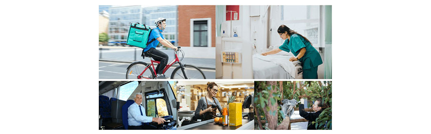  Five images showing that heroes come from many vocations, such as a food delivery rider, medical worker, bus driver, supermarket checkout worker and zookeeper