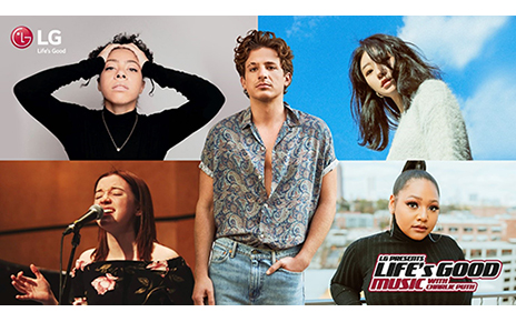 A promotional image for LG’s Life's Good Music campaign with the four winners and Charlie Puth 