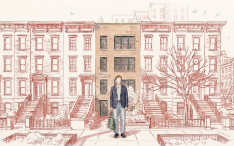 Hand-drawn illustration in warm sketch tones: a man carrying a bag arrives home to a row of brownstone buildings on a quiet city street. The building behind him transitions from a monochrome line drawing into full color, representing the moment an ordinary evening at home comes to life. The LG AI logo appears in the lower right corner.
