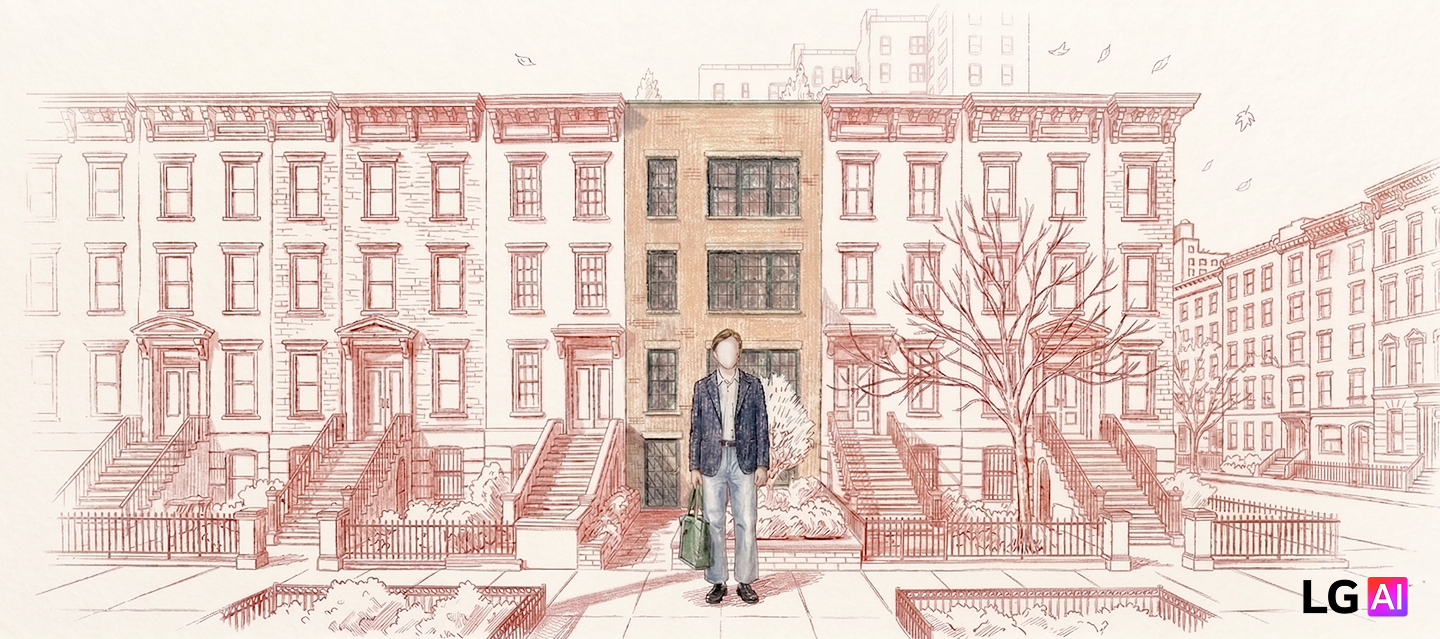 Hand-drawn illustration in warm sketch tones: a man carrying a bag arrives home to a row of brownstone buildings on a quiet city street. The building behind him transitions from a monochrome line drawing into full color, representing the moment an ordinary evening at home comes to life. The LG AI logo appears in the lower right corner.
