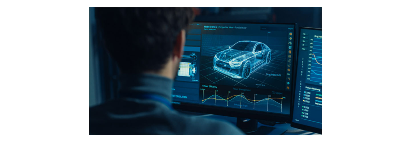A person looking at the screen displaying an image of a car
