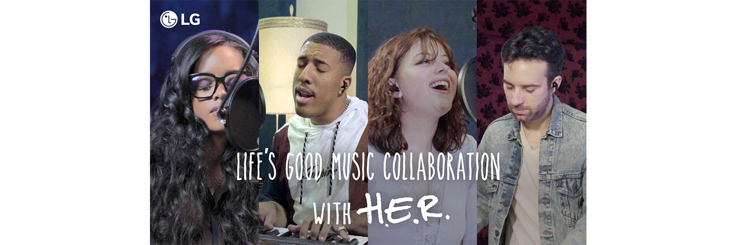 A picture promoting the LG Life's Good Music Collaboration with famous musician H.E.R., which shows the singer and the three contest winners recording a new song