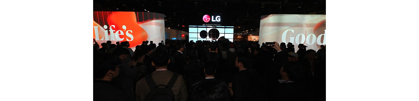 A photo of LG's booth with numerous people at CES 2024