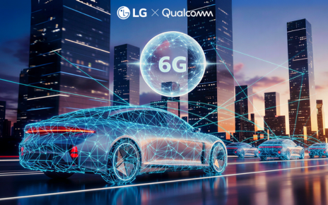 Graphics are displayed over sedans driving on the road, showcasing 6G networks with a cityscape in the background.