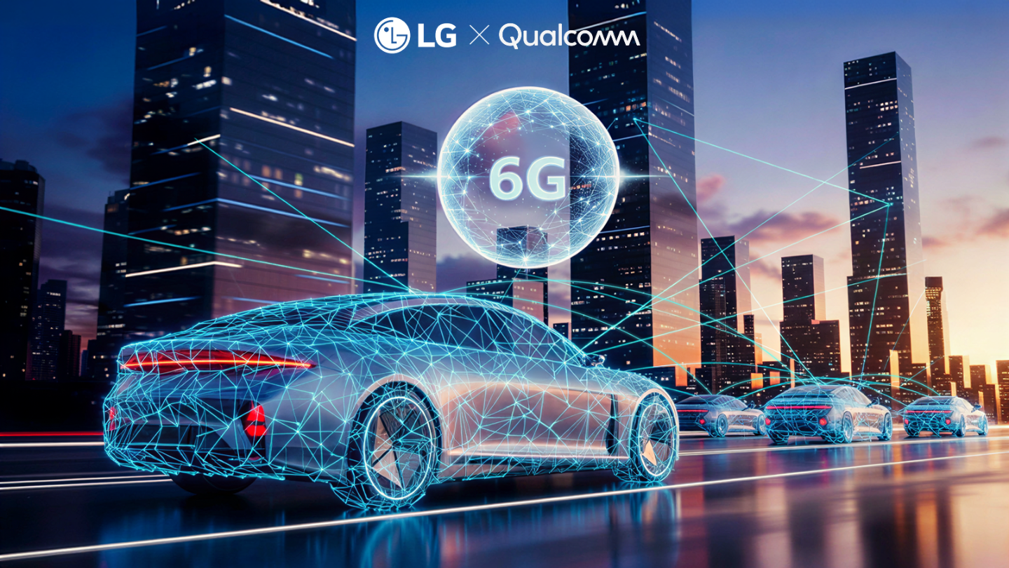 Graphics are displayed over sedans driving on the road, showcasing 6G networks with a cityscape in the background.
