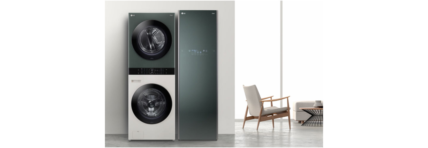 A photo featuring the simple yet exquisite LG Styler, washing machine and dryer.