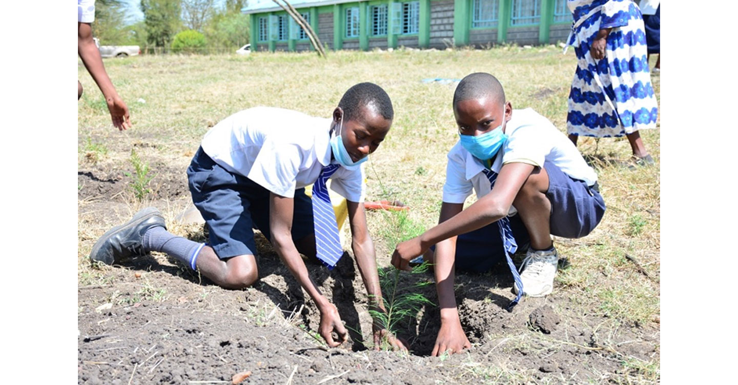 Two students planting trees to help improve their school ground.