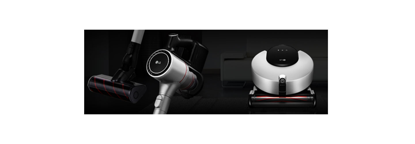 Close-up shots of LG CordZeroThinQ A9 on the left, and CordZeroThinQ Robotic Mop on the right