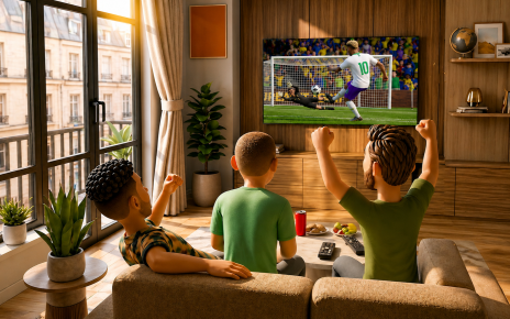 3D animated scene of three friends sitting on a sofa in a bright living room, cheering with raised fists as a goal is scored on a wall-mounted LG AI TV. Sunlight streams through a large window on the left. No one needs to get up, they watch every moment together.