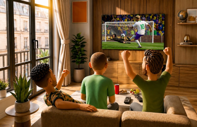 3D animated scene of three friends sitting on a sofa in a bright living room, cheering with raised fists as a goal is scored on a wall-mounted LG AI TV. Sunlight streams through a large window on the left. No one needs to get up, they watch every moment together.