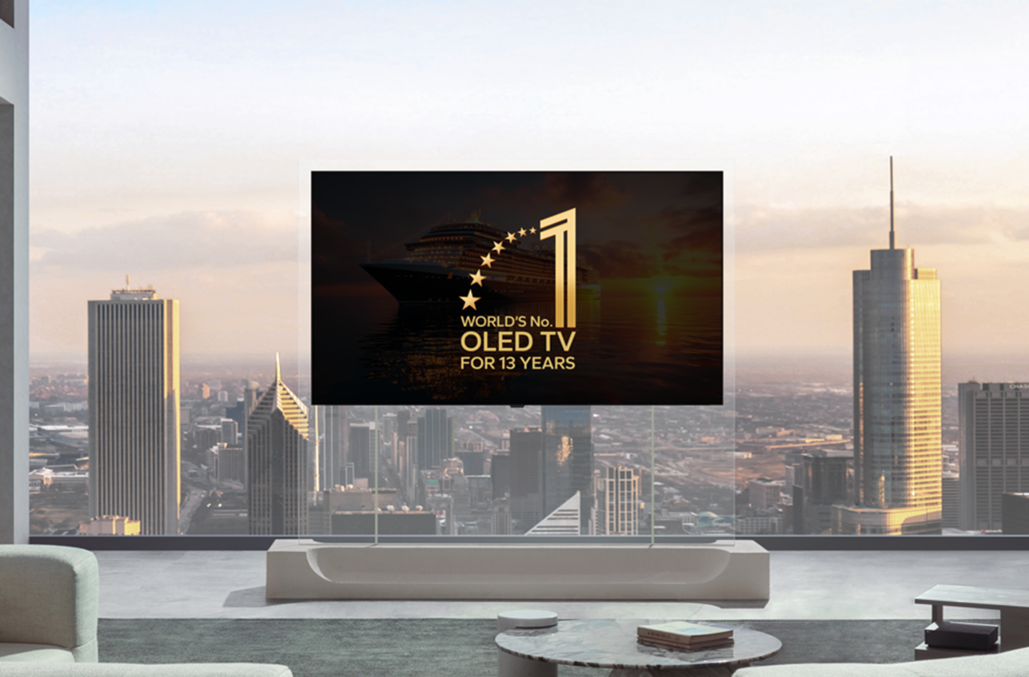 An LG OLED TV on a transparent stand against a city skyline displays a graphic of the “World’s No.1 OLED TV for 13 Years.”
