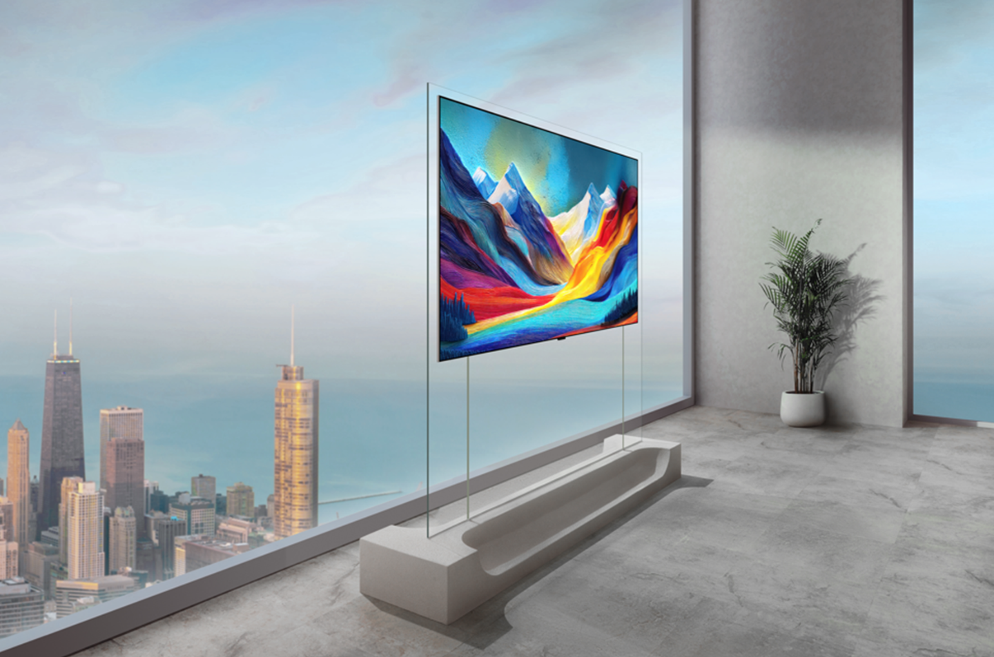 An LG OLED TV is attached to a transparent floor stand, displaying a bold abstract mountain landscape painting against a panoramic city skyline.