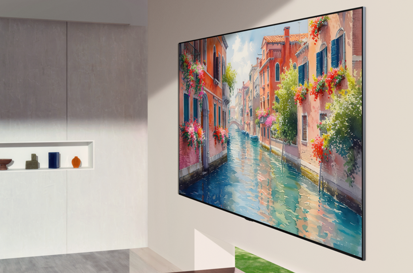 An ultra-thin LG OLED TV is mounted flush on the wall, displaying a vibrant watercolor-style Venetian canal scene.