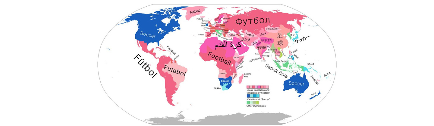 A world map that indicates the geographical and linguistic variations in naming the soccer