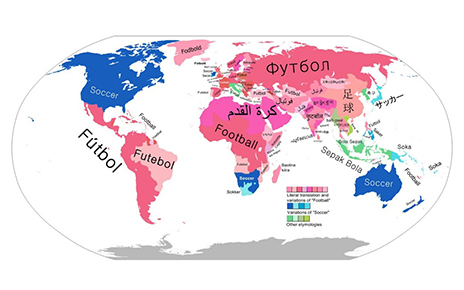 A world map that indicates the geographical and linguistic variations in naming the soccer