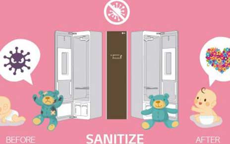 The infographic shows that the LG Styler sanitizes the comfort doll of a baby by using the Steam technology.