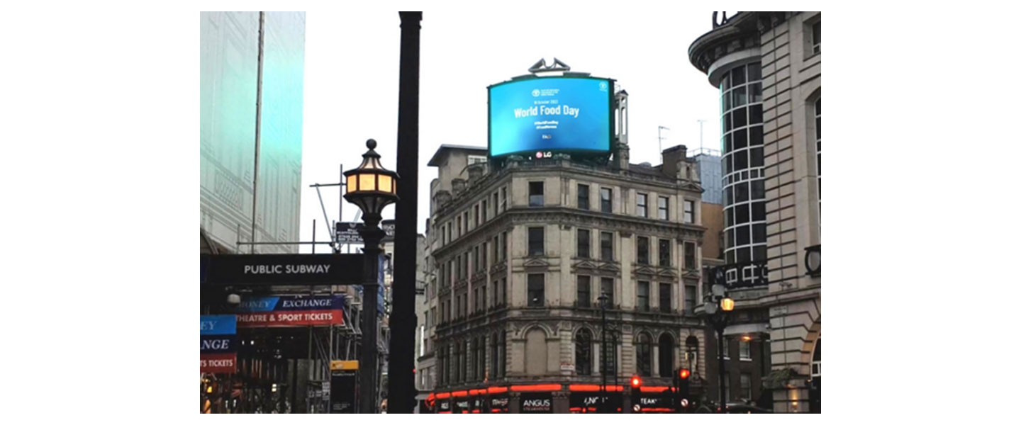 World Food Day video displayed on LG Hope Screen at London's Piccadilly Circus