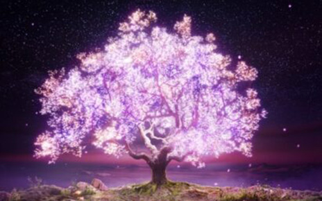 An enormous tree with bright purple-glowing leaves lighting up a world of fantasy