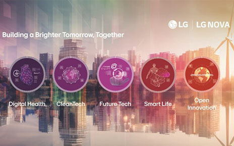 An illustration of an image of buildings in the background with icons containing different topics and the LG logo and LG NOVA logo