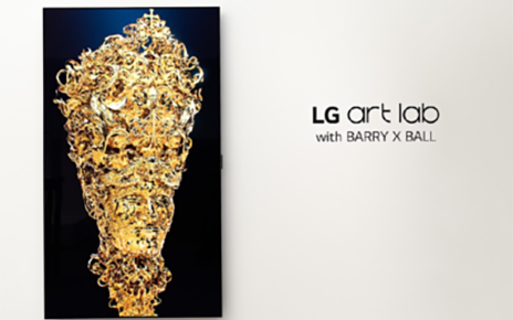 An NFT sculpture created by LG Art Lab with Barry X Ball displayed on a wall-mounted LG OLED TV which has been rotated 90 degrees