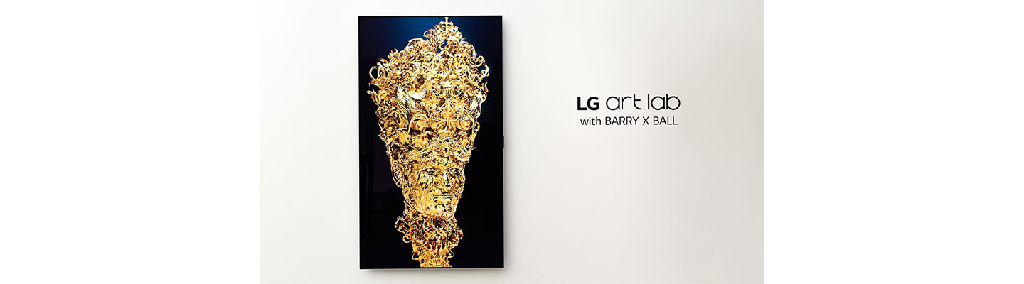 An NFT sculpture created by LG Art Lab with Barry X Ball displayed on a wall-mounted LG OLED TV which has been rotated 90 degrees