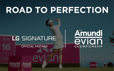 Professional golfer Ko Jin-young swinging a golf club with the Amundi Evian Championship and LG SIGNATURE logos overlayed